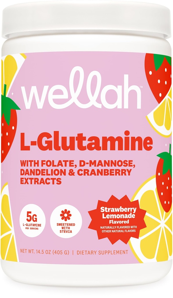 Wellah L-Glutamine Strawberry Lemonade Flavored (50 Servings) - 5g L-Glutamine Per Serving, Sweetened with Stevia