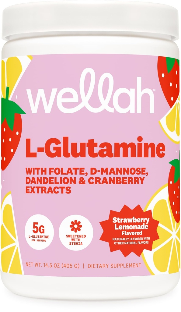 Wellah L-Glutamine Strawberry Lemonade Flavored (50 Servisler) - 5g L-Glutamine Per Service, Stevia ile Tatlılandı