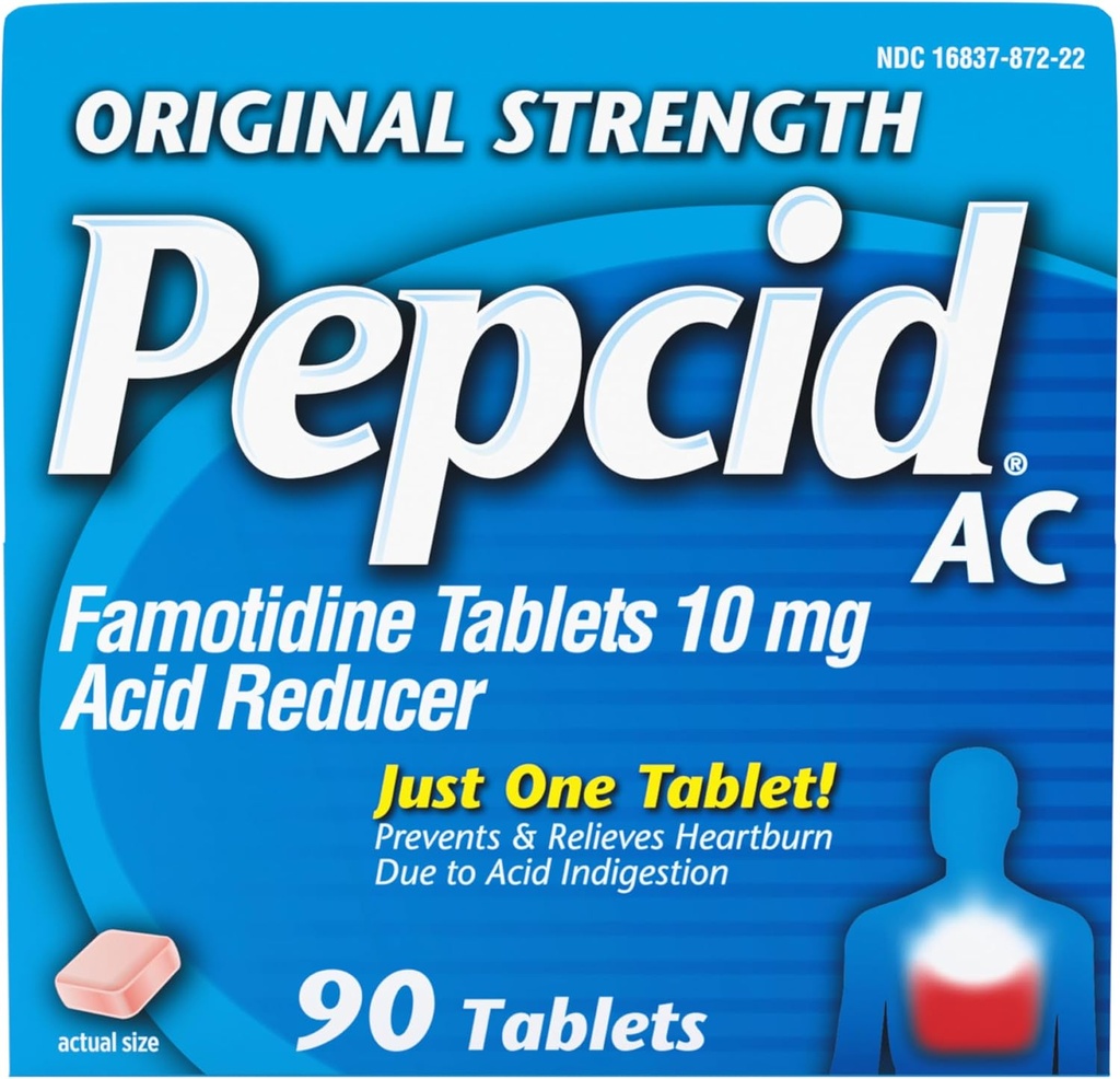 Pepcid AC Original Strength Heartburn Relief Tablets, OTC Medicine Αποτρέπει & Ανακουφίζει Heartburn Λόγω Οξύ δυσπεψία & Καταπραϋντικό Στομάχο, 10mg Famotidine Acid Reducer, Fast- Acting, 90 ct