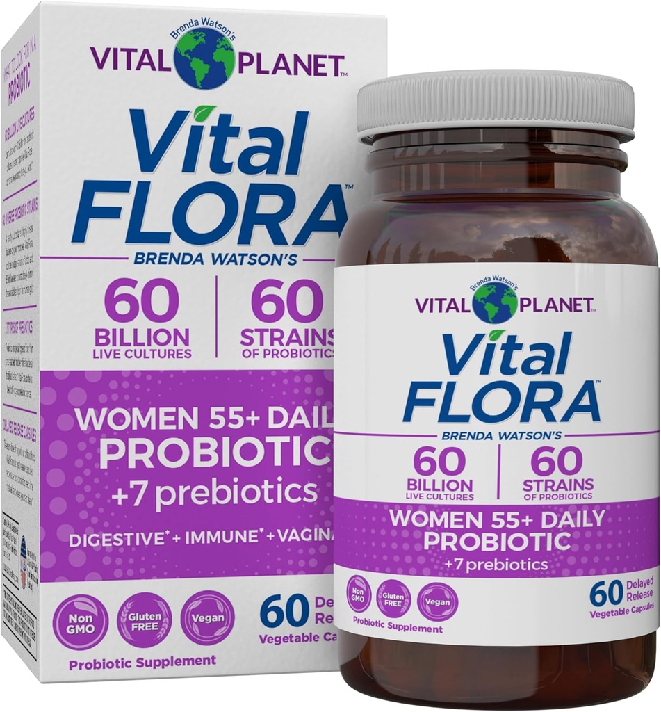 Vital Planet - Vital Flora Kadınlar 55 Günlük Probiyotik, 60 Milyar CFU, Diverse Strains, Organik Prebiyotikler, Vaginal ve Immune Support, Digestive Health Probiyotiks for Women 60 Capsules