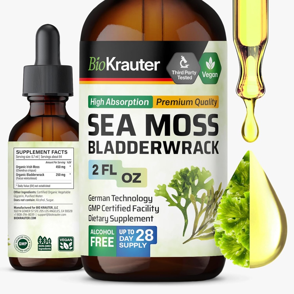 BIO KRAUTER Irish Sea Moss Drops - Chondrus Crispus Sea Moss Supplement with Bladderwrack - Alkol & Sugar Free Iodine Supplement - 2 Fl.Oz.