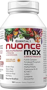 ANDREW LESSMAN Essential-1 nuonce max Multivitamin 2000 IU Vitamin D3 180 Küçük Capsules. 100 mcg Torch B12. CoQ10 Lutein Lycopene Zeaxanthin. Yüksek Potency. Katkı yok. Ultra-Mild One Daily Capsule