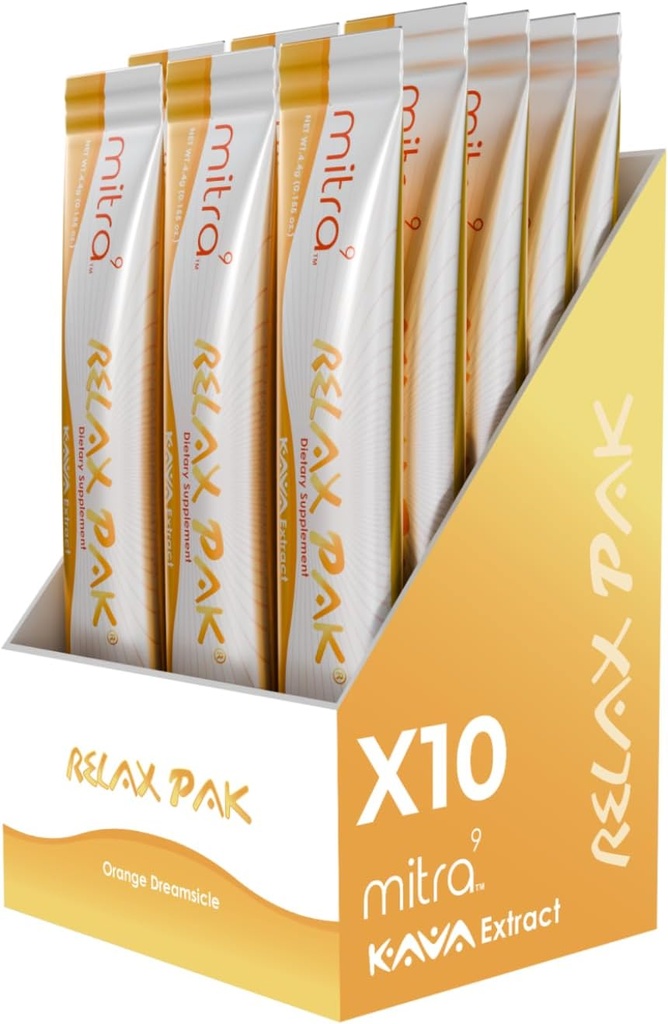 Mitra9 Kava Powder RelaxPak - Orange Dreamsicle Kava Extract Powder Packets | Mood Enhancer | Plant Based | Promotes Natural Calm & Clarity | Easy Open Single-Serving Stick (10)