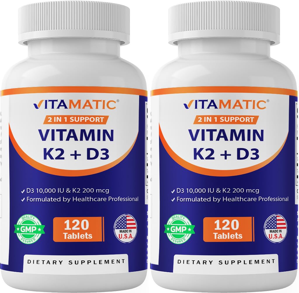 Vitamatic Vitamin D3 K2 Supplements with 10,000 IU Vitamin D + 200mcg Vitamin K MK-7, 120 Tablets Bone, Heart, Immune, & Calcium Support - 2 Pack