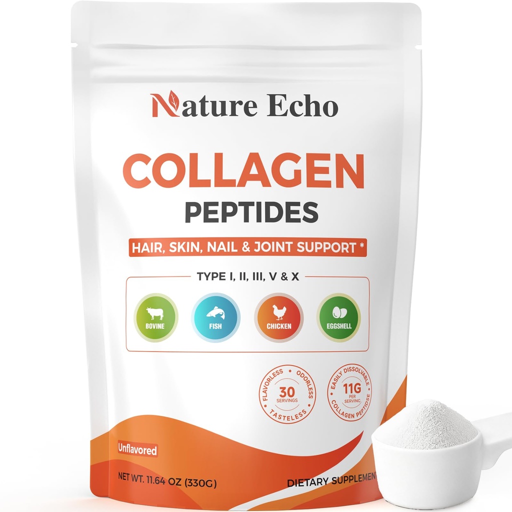 Collagen Peptides, 5 Types of Hydrolyzed Collagen Powder Supplement (I, II, III, V, X), 11g Collagen for Women & Men, Supports Hair, Skin, Nails, Joints & Bones, Unflavored, Keto Friendly, 30 Servings