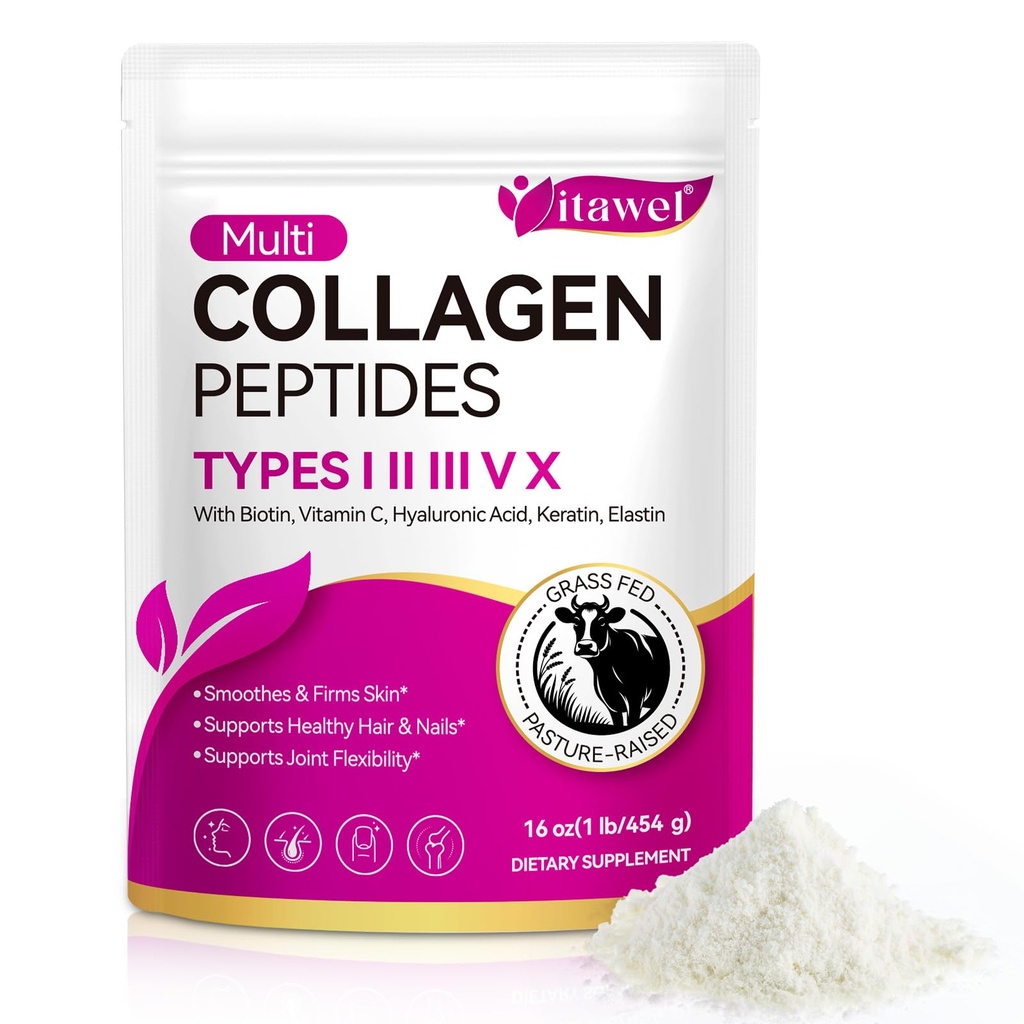 Multi Collagen Peptides Powder,Type I, II, III, V, X,with Biotin,Vitamin C,Hyaluronic Acid,Supports Healthy Joint, Hair, Skin & Nail Support,Grass-Fed, Non-GMO,16oz