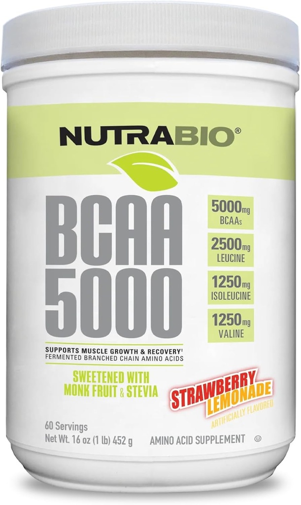 NutraBio BCAA 5000 Σκόνη - Ζυμωμένη διακλαδισμένη αλυσίδα Αμινοξέα για την ανάπτυξη των μυών & την αποκατάσταση - Φυσικές Γεύσεις, γλυκαντικά, και χρωματισμό, Vegan, Χωρίς γλουτένη - Λεμονάδα Φράουλα, 60 εξυπηρετούν
