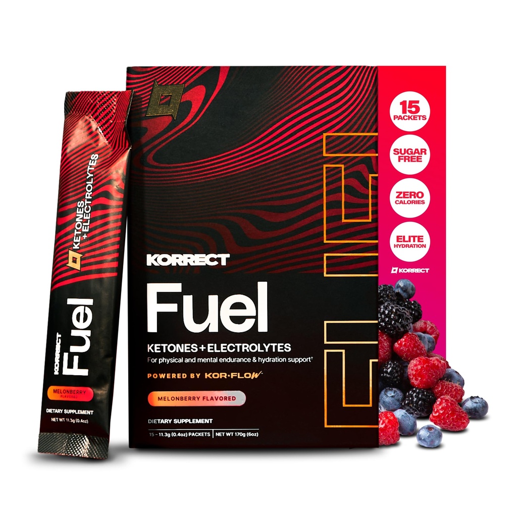 Korrect Fuel Electrolyte Powder | Hydration, Focus, & Energy Support | Non-GMO, cGMP Certified | 15 Single-Serve Packets, Melonberry