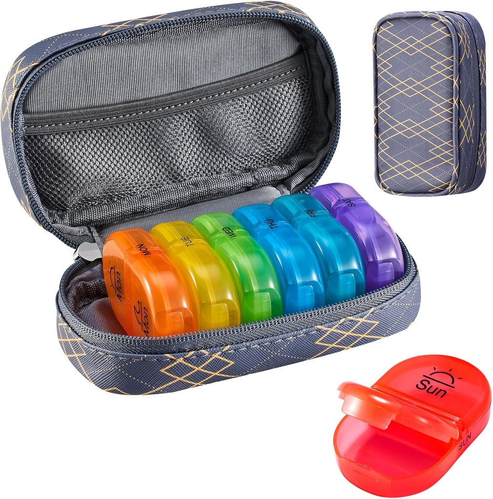 Serfeymi Weekly Travel Pill Organizer 2 Times A Day AM PM Yükseltd Rainbow Pill Box 7 Day with Portatif Ambalaj Deri Pill Case, Medicine Organizer for Pills, Vitamins, Fish Oils - Lines 01
