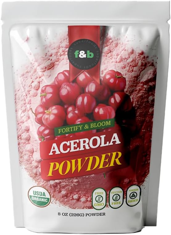 f&b superfoods Pure Organic Acerola Cherry Toz Freeze kıl (8oz), Immune System Alert için Organik Vitamin C Toz, Cherry Juice, acerola Vitamin c Bulk Toz, Brezilya Origin.