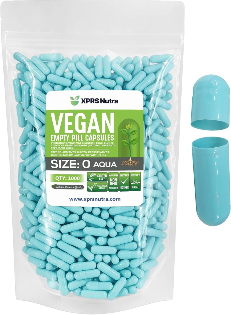 XPRS Nutra Size 0 Κενές κάψουλες - 1000 Κάψουλες Vegan - Χορτοφαγικά Χάπια - DIY Καψάκιο Γέμισμα - Veggie χάπια Gel Caps για Do-It-Yourself Συμπληρώματα (Aqua)