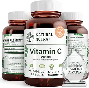 Doğal Nutra Vitamin C Supplement 500 mg, Boost Immune System, Tavsiyeler Kalp Sağlığı, Regulate Metabolism Yardım, Akışkanlar Yönetmeliği ve Skin Texture, Genel Body Health, 100 Vegan Tablet Tablet