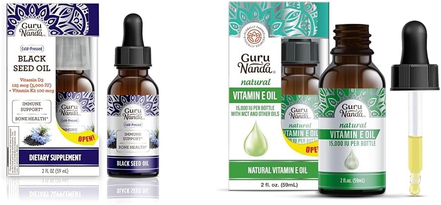 GuruNanda Black Seed Oil, Cold-Pressed Nigella Sativa - Vitamin D3 5000 Birimlerde Zengin, K2 & E & Vitamin E Oil (2 Fl Oz) - 100 Pure & Natural, 15,000 IU per Şişe for Skin, Hair, Face, Face