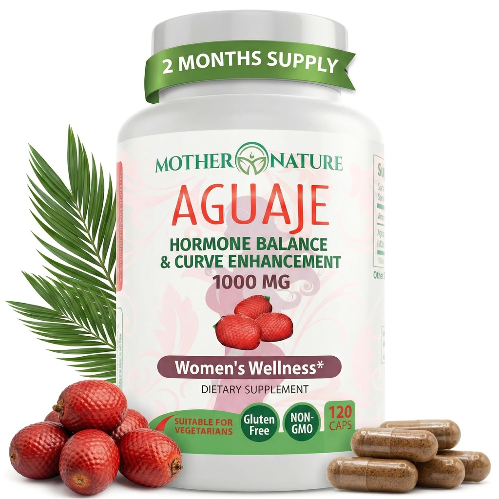 Mother Nature Aguaje Curves Capsules for Women, 1000 mg (120ct), Doğal ve Sustainable Sourced Aguaje Fruit from Peru for Women Health, Hormon Balance, Curve Advancedr, Vegan, Non-GMO & Gluten-Free-Free-G