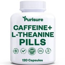 Purisure Caffeine Theanine Capsules, Caffeine Pills 100mg L Theanine for Pre Workout, Energy, and Clarity, Energy Pills for Fatigue, Nootropic Supplement, 120 Day Supply
