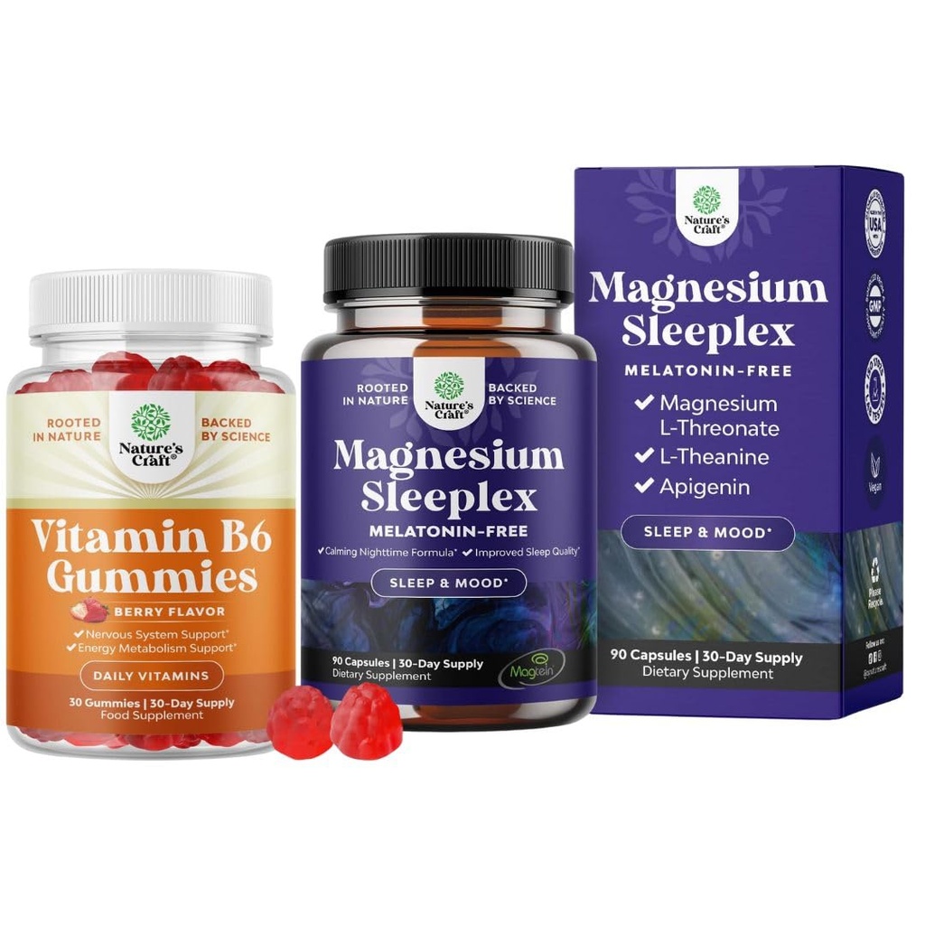 Bundle of Potent Vitamin B6 Gummies for Adults - Vitamin B Complex Supplements for Nervous System and High Absorption Magnesium Sleep - Rest Support Magtein Magnesium L-Threonate and Apigenin Theanine