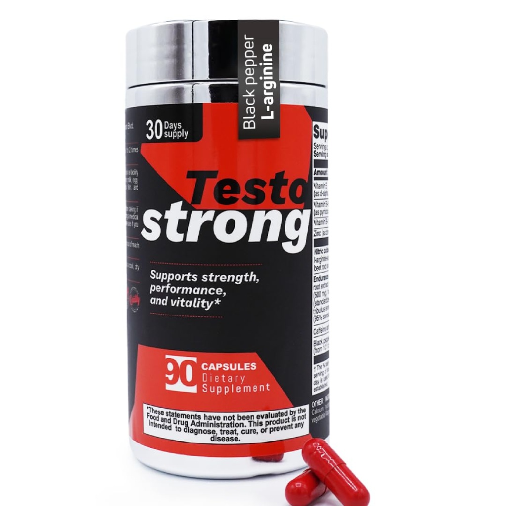 Testo Strong Capsules – Men’s Vitality Supplement with L-Arginine & Black Pepper – Nitric Oxide Support – Energy & Endurance Supplement for Men – 90 Capsules, 30 Day Supply
