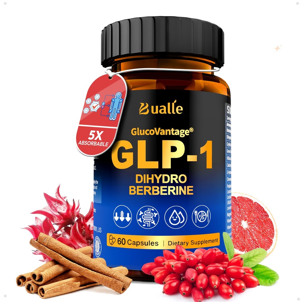 Bualle Support GLP-1 Supplement Weight Loss | GlucoVantage® DHB + Akkermansia Probiotic | Super Berberine for 5X Bioactive Appetite, Metabolic & Gut Support, 60ct | Perfect with Sea Moss Capsules