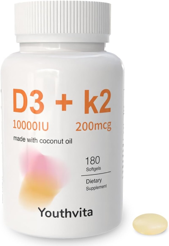 D3 k2 Vitamin 10000 iu, 180 Coconut Oil Softgels | 2 in 1 Vitamins Supplement D3 10000 IU & K2 (MK7) 200 mcg, Swallow, Supportsuba Aborpsiyon, Bone Immune, & Heart Health Health