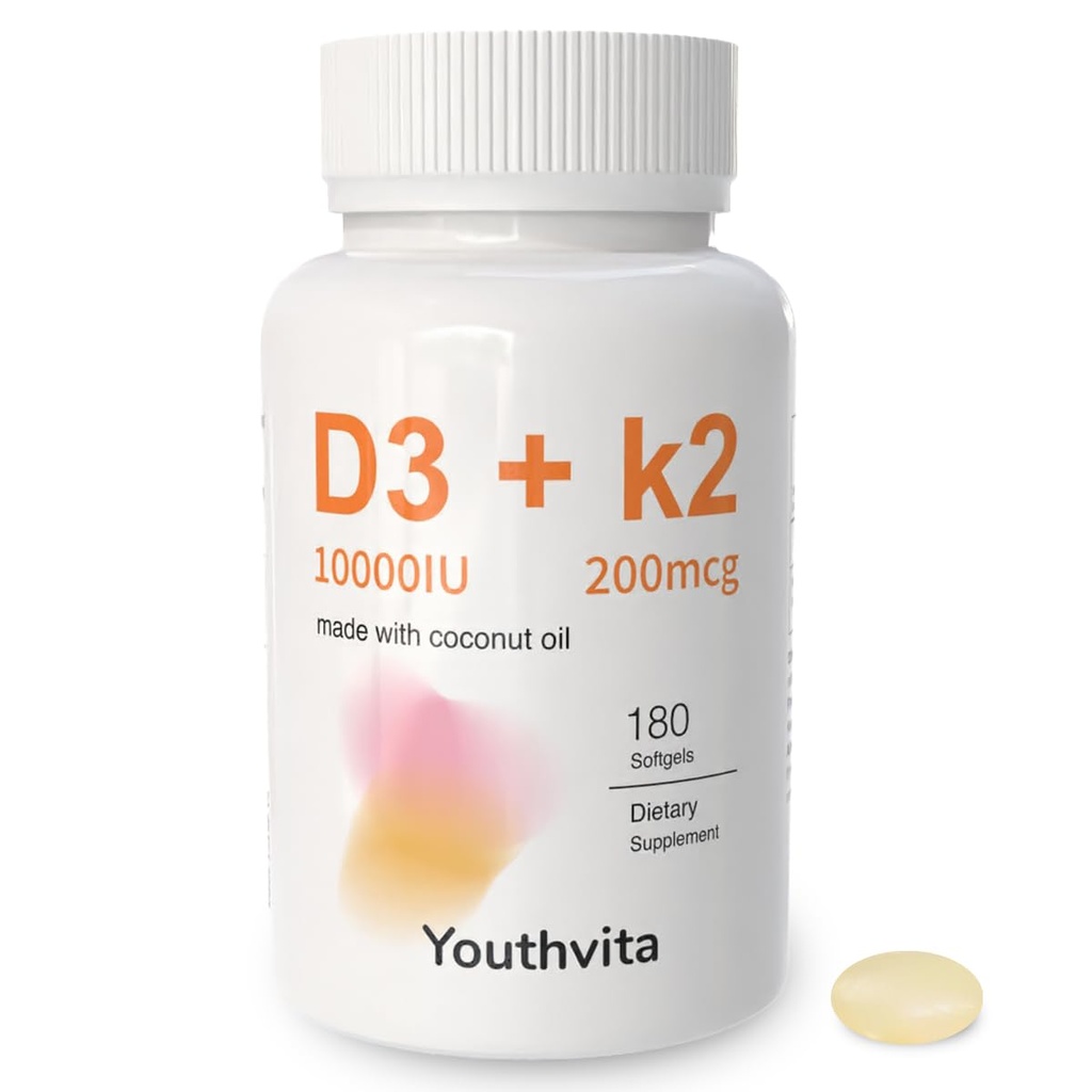 D3 k2 Vitamin 10000 iu, 180 Coconut Oil Softgels | 2 in 1 Vitamins Supplement D3 10000 IU & K2 (MK7) 200 mcg, Swallow, Supportsuba Aborpsiyon, Bone Immune, & Heart Health Health