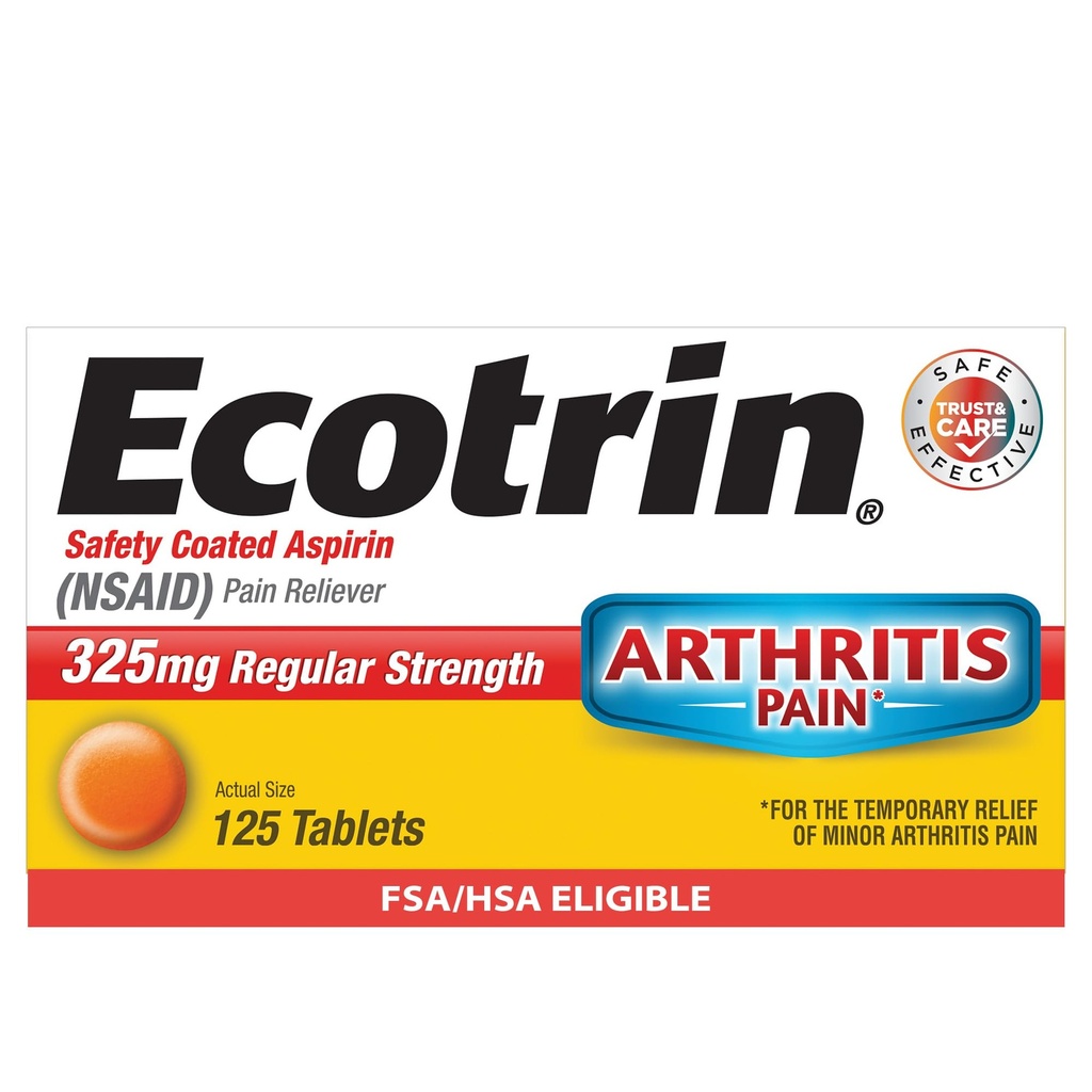 Ecotrin Regular Strength 325mg Aspirin Safetey Coated Tablets, Arthritis, Toothache & Headache Relief Designed to Protect the Stomach, 125 Count