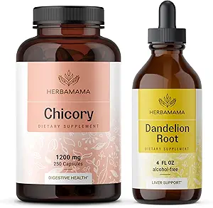 HERBAMAMA Chicory ve Dandelion Kit - 1200 mg Chicory Root Capsules & Dandelion Root Tincture 4 fl oz - Vegan, Non-GMO, Sugar & Alkol-Free - 2 Pack