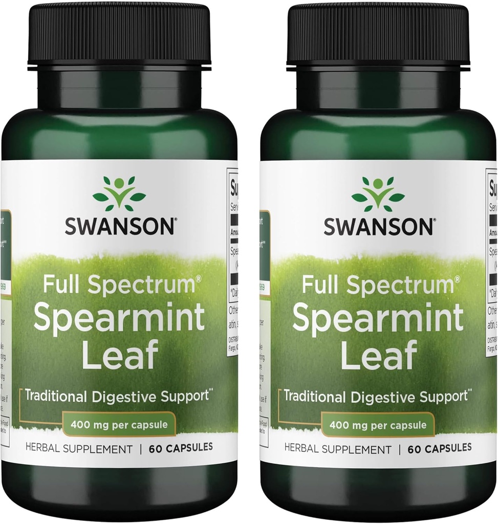 Swanson Spearmint Leaf (Mentha Spicata)- Full Spectrum Herbal Supplement Supporting Digestive Health & Mild Stomach Issues - (60 Capsules, 400 mg each) (2 Pack)