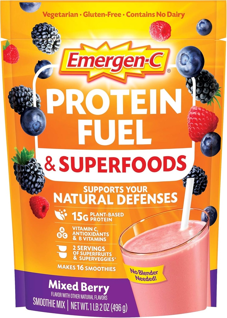 Emergen-C Protein Powder Καύσιμα & Superfoods (16 μερίδες, μικτή γεύση μούρου) Φυτικό με βάση & χορτοφαγικό ανακάτεμα με οργανικές υπερτροφές, βιταμίνη C & άλλα αντιοξειδωτικά