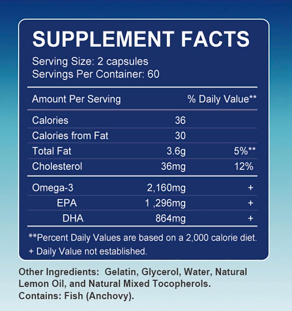 Triple Strength Omega-3 2160 mg + EPA 1296mg + DHA 864mg + Sağlıklı Kalp/Brain Desteği için Doğal Supplement, 120 Softgels, 60 Day Supply