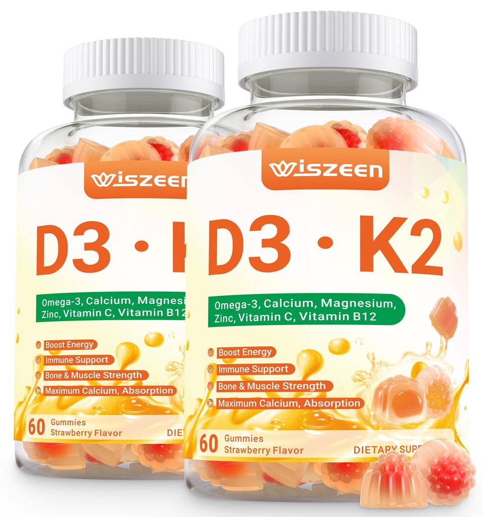 Vitamin D3 K2 Gummies, Vitamin D3 10000 IU & K2 (MK-7) 200 mcg - D3 K2 Supplement with Omega 3, Calcium, Magnesium for Bone Muscle Teeth Immune