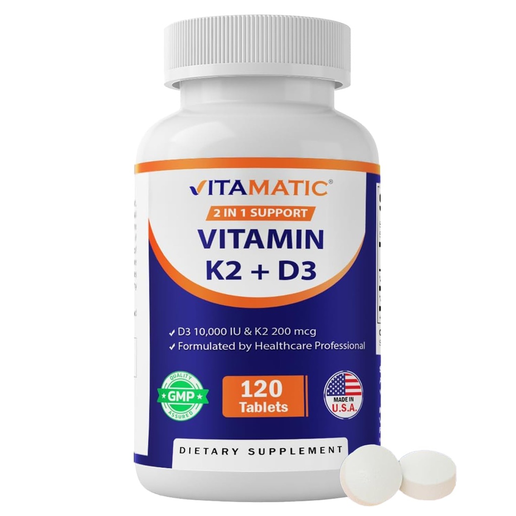 Vitamatic Vitamin D3 K2 Supplements with 10,000 IU Vitamin D + 200mcg Vitamin K MK-7, 120 Tablets Bone, Heart, Immune, & Calcium Support