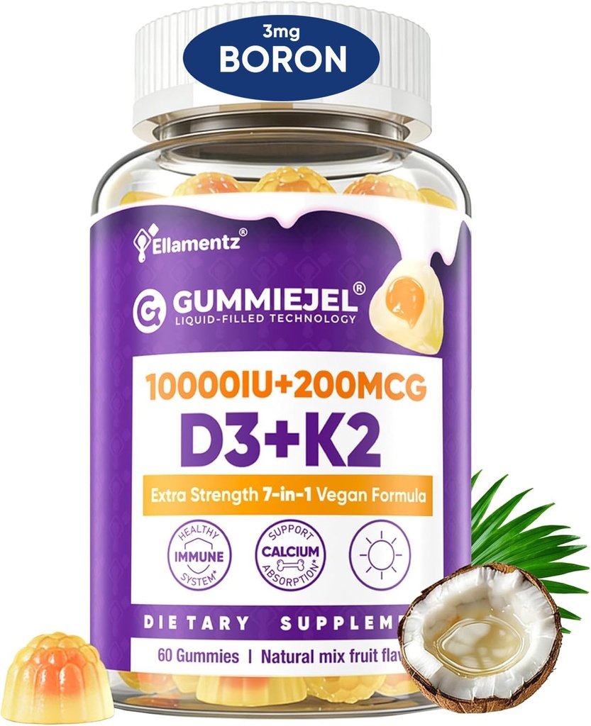 10,000 IU Vitamin D3 K2 Gummies Plus Boron, Calcium, Magnesium & Zinc & Ginger Extract w/ Coconut Oil- Supports Immune Health, Calcium Met@bolism & Bone Miner@lization, Sugar Free (Pineapple Flavor)