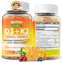 Vitamin D3 K2 Gummies 5000IU / 10,000 IU with Omega-3 250mg+K2(MK-7) 100mcg -5X Absorption Than Standard D3K2,with Vitamin C,Zinc,and 5 Organic Vegetables,Supports Bone & Teeth Strength, Immune,1 Pack