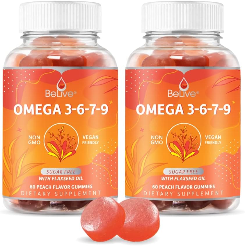 Canlı Organik Omega 3 Gummies - Omega 3 6 9 7 DHA & EPA Flaxseed Oil & Sea Buckthorn Fruit Oil, Vegan, Çocuklar ve Yetişkinler için, Full Body, Brain & Eye Support, Sugar Free – Peach | 2Pack