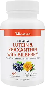 ML Naturals Premium Lutein & Zeaxanthin with Bilberry 60 Vegetable Capsules. Lutein 40 mg, Zeaxanthin 5 mg, and Bilberry 100 mg. Premium Quality. Healthy Eyes & Vision, NSF-Certified & cGMP-Compliant