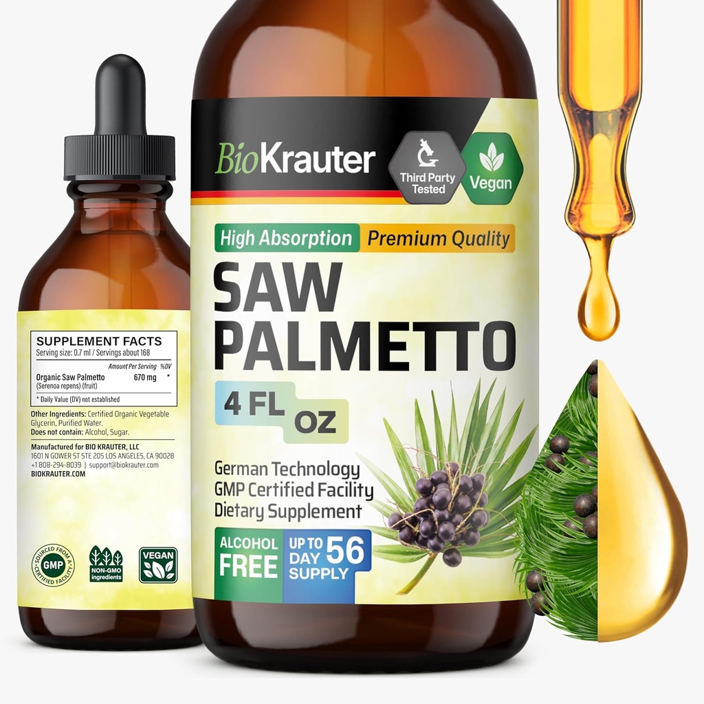 BIO KRAUTER Saw Palmetto Ekstraksiyon - Erkekler ve Kadınlar için Vegan Saw Palmetto - Urinary Support - Alkol & Sugar Free - 4 Fl.Oz.