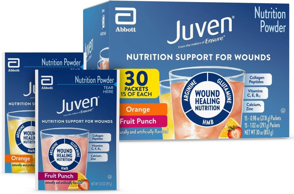 Juven Therapeutic Nutrition Drink Powder Including Collagen Peptides, Amino Acids, and HMB For Wound Healing Support, Variety Pack: Orange & Fruit Punch, 30 Packets