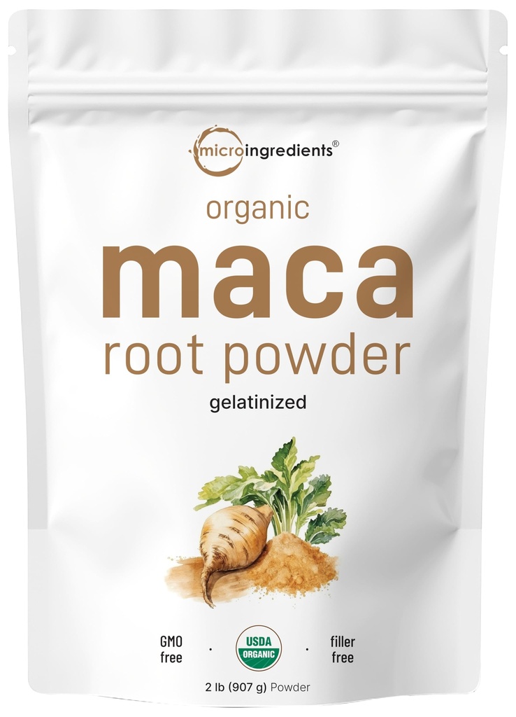 Micro Ingredients Organic Maca Root Powder, 2 Pound, Gelatinized for Better Absorption, Rich in Antioxidants, No GMOs, Vegan Friendly and Peru Origin