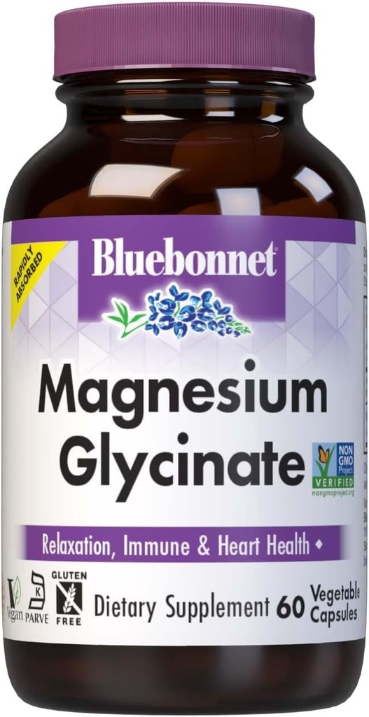 Bluebonnet Magnezyum Glycinate, Enerji Üretimi*, Enzyme Fonksiyonlu*, Non-GMO NSF, Vegan, Kosher sertifikalı, Gluten-Free, Soy-Free, Dairy-Free, 60 Sebze Capsules, 15 Servisler