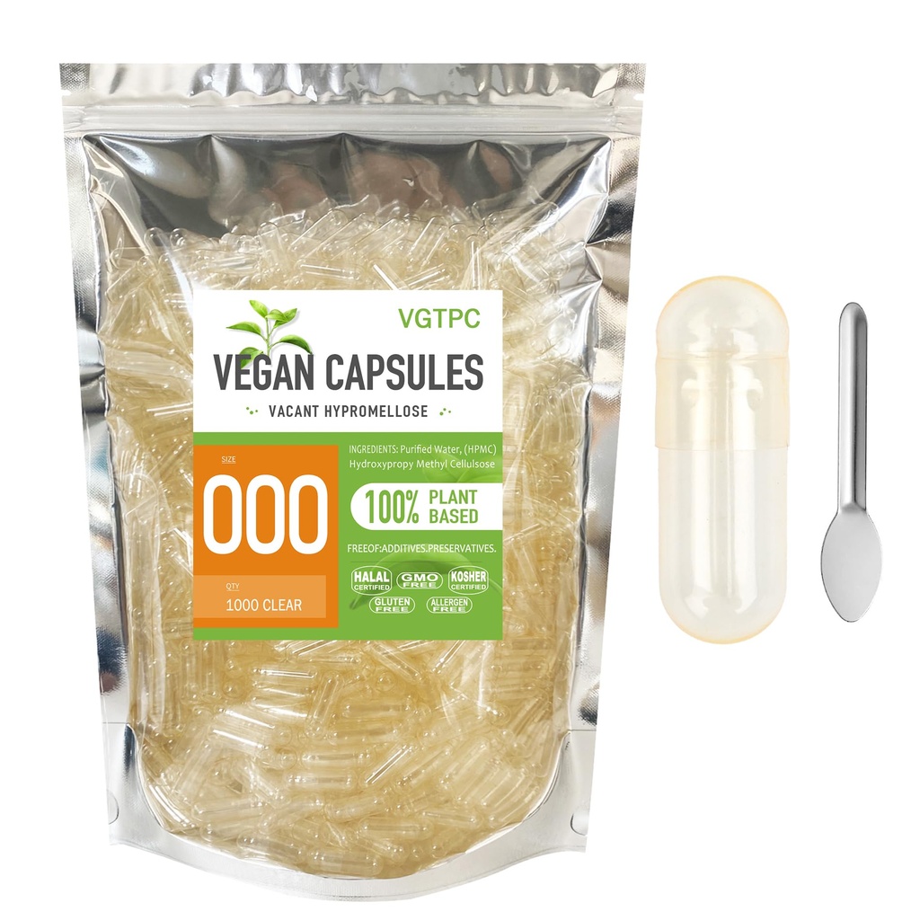 Size 000 Empty Vegetarian Capsules, (1000 Count) Vegan Clear Fillable Veggie Pill Capsules for DIY Supplement Filling