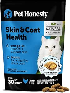 Cat Skin & Coat Health Crunchy & Creamy Chews - Omegas, Vitamin C + E, Biotin Supplement, Soothes Skin and Promotes Shiny Coat, Cat Supplements & Vitamins - Chicken (30-Day Supply)