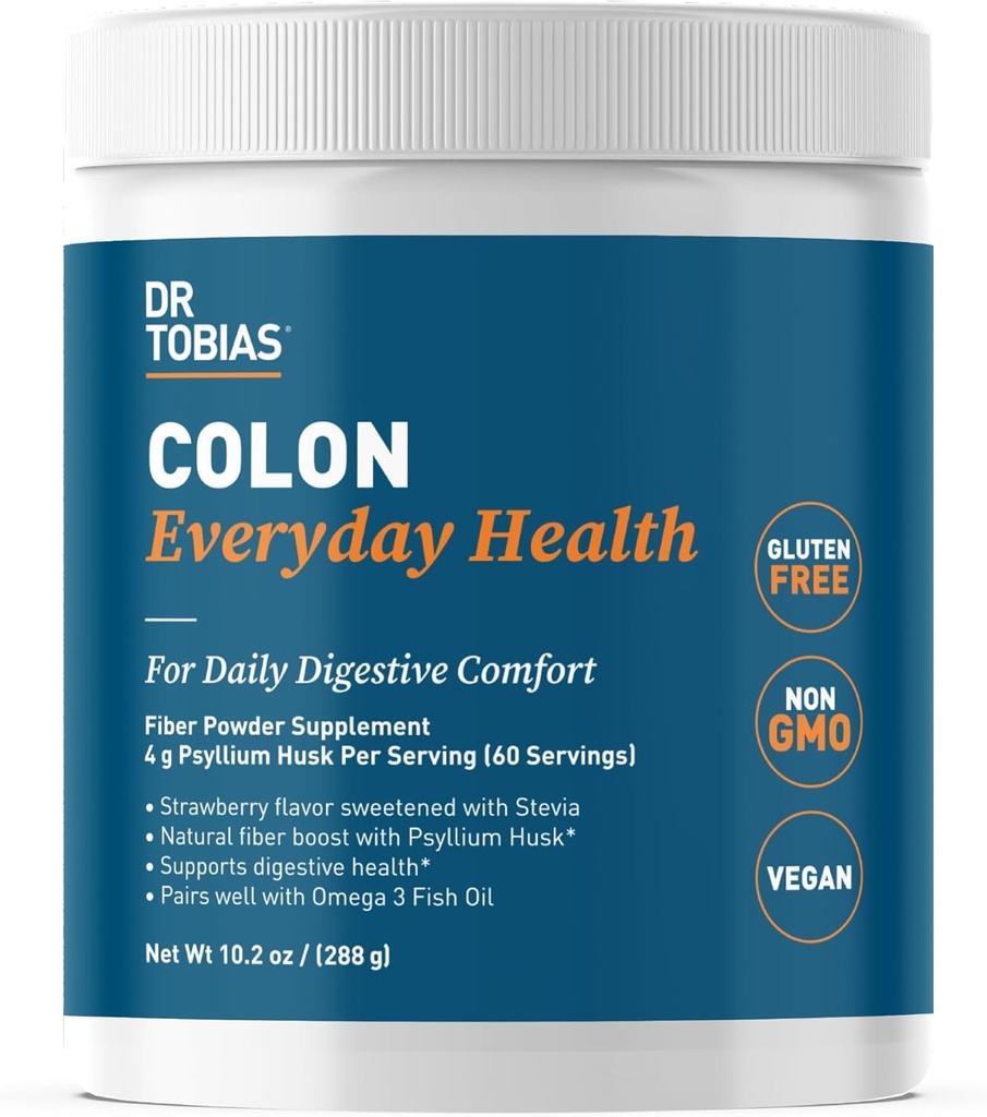 Dr. Tobias Colon Everyday Health - Kadınlar ve Erkekler için Gut Health - Psyllium Fiber Toz 4g Psyllium Husk Toz, Vegan, Gluten Free, Non-GMO, Strawberry Flavor, 60 Hizmetler