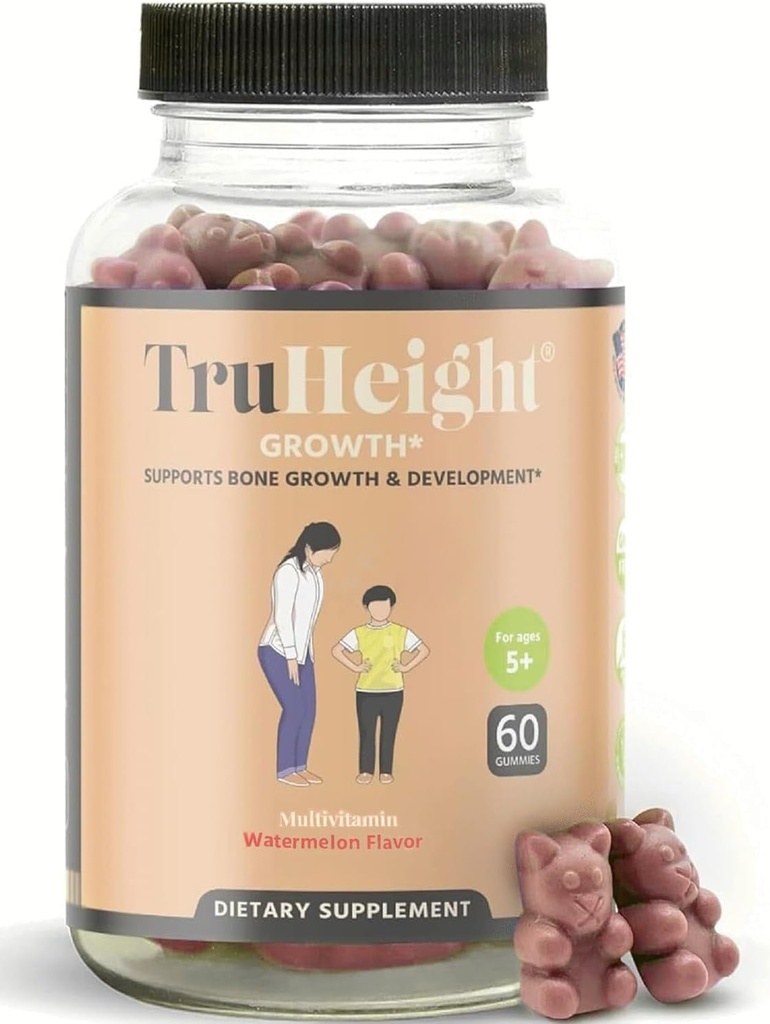 TruHeight Büyüme Gummies (Watermelon) Çocuklar ve Gençler için Doğal Büyüme ve Geliştirme Tamamı - D, K, Kalsiyum & Ashwagandha - Bone Strength Vitamins D3 K2 - Picky Eater Vitamini - 5+