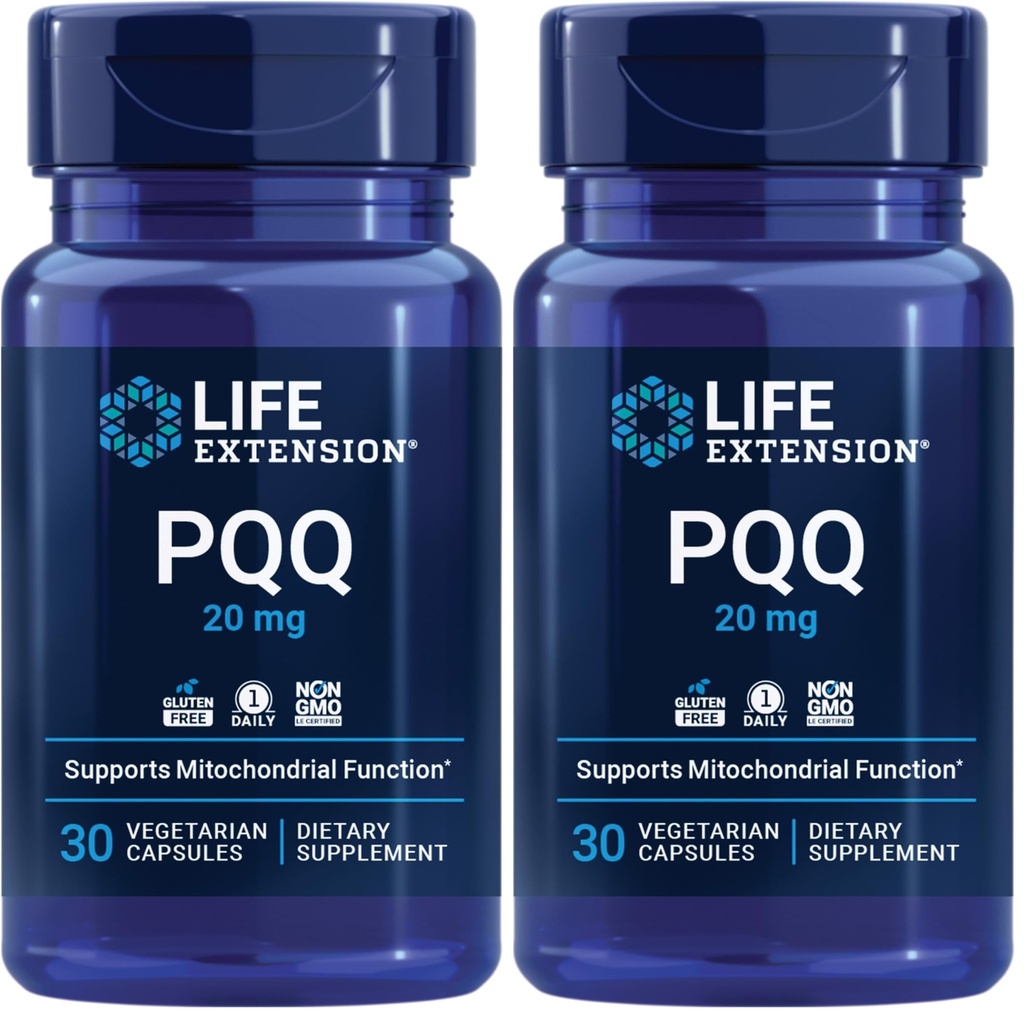 Life Extension PQ, pirroloquinoline Quinone, 20 mg, Yeni Mitochondria, Gluten-Free, Non-GMO, Vegetarian, 1 Daily, 30 Capsules (Pack of 2)
