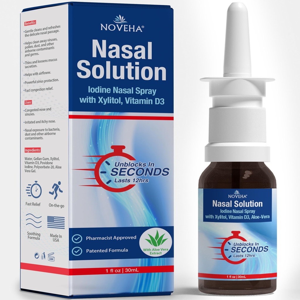 NOVEHA Nasal Spray-% Povidone-Iodine yapıştırıcısı, D3, Aloe-Vera - Nasal Cleanser (30mL)