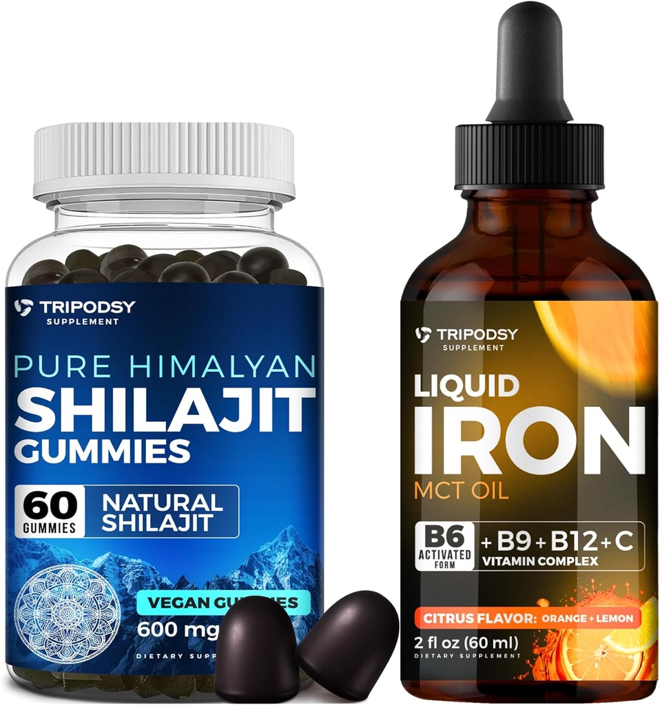 Ultimate Health Bundle: Liquid Iron Supplement & Pure Himalayan Organic Shilajit Gummies for Women & Men - Μη ΓΤΟ, Vegan, Φυσική Ενέργεια και Ανοσοποιητική Υποστήριξη - 60 Gummies & 30 Υπηρεσίες