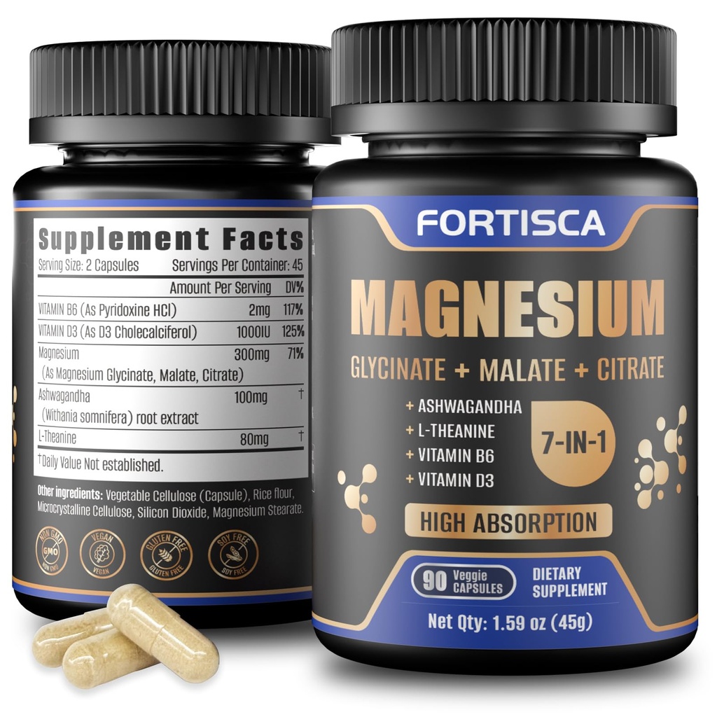 Triple Magnesium Complex 500mg 7 in 1 Magnesium Supplement with Glycinate Malate Citrate | High Absorption | 90 Capsules Portable for Home Outdoor Silica Mineral Supplements