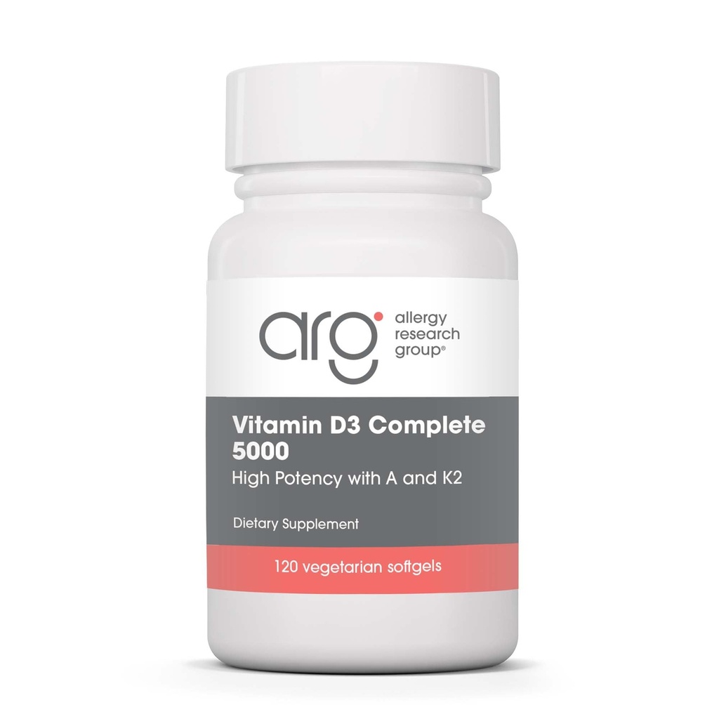 Allergy Research Group Vitamin D3 Complete 5000 - Delivers 125 mcg Vitamin D3 - with Vitamin A & K2 - Supports Bone Strength, Immune Balance & Healthy Mindset - 120 Servings - 120 Capsules