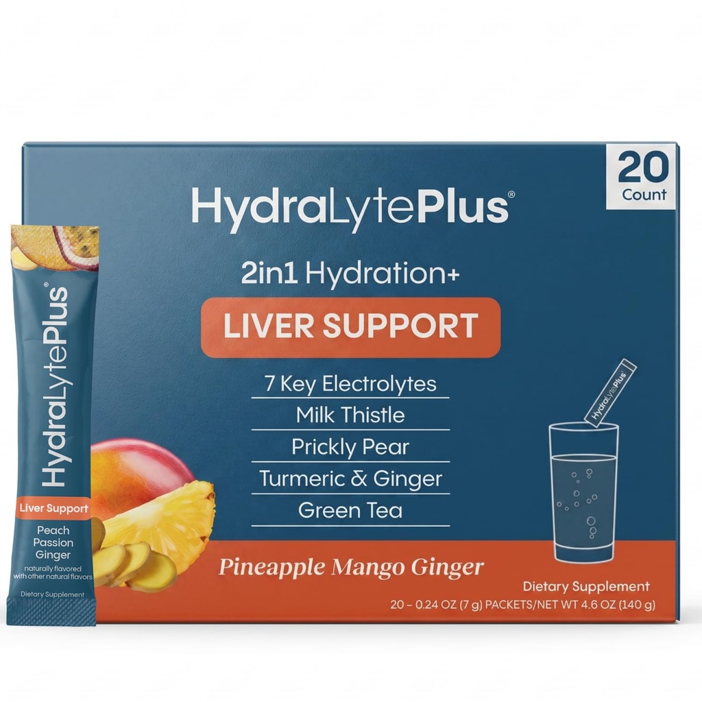 Hydralyte Liver Support + Electrolyte Mix with Milk Thistle, Turmeric, Ginger, Prickly Pear, Green Tea Extract Formulaed for Rapid Rehidr (Pinele Mango Ginger, 20 Packets)
