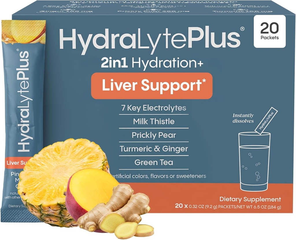 Hydralyte Liver Support + Electrolyte Mix with Milk Thistle, Turmeric, Ginger, Prickly Pear, Green Tea Extract Formulaed for Rapid Rehidr (Pinele Mango Ginger, 20 Packets)